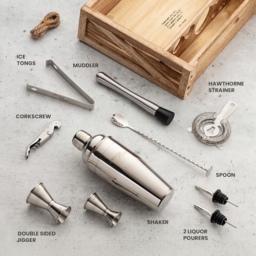 Mixology & Craft Rustic Cocktail Shaker Set – Includes Wood Stand, Complete Barware Kit with 24 Oz Shaker, Dual Jiggers, Pourers, Muddler, Strainer – Perfect for Home Bartenders (Silver) - color: Silver