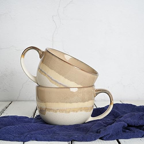 Bosmarlin Ceramic Jumbo Coffee Mug Set of 2, 23 Oz, Large Mug Soup Bowls with Handles, Dishwasher and Microwave Safe (Brown Grey) - color: Brown Grey