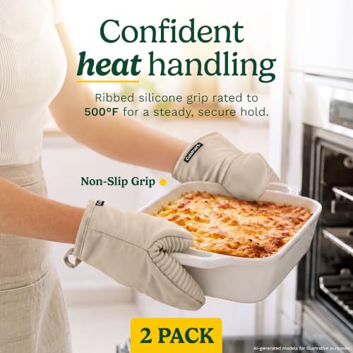 Cuisinart Mini Oven Mitts, 2-Pack 5"x8.5", Heat Resistant 500F | Compact pot holder for baking, air fryer, and cookware, silicone non-slip grip, hanging loop, fits either hand, wipes clean - color: Beige
