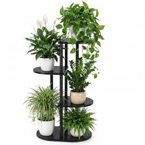 Tiered Plant Stand Indoor, Tall 4 Tier 5 Potted Wooden Plant Shelf for Multiple Flower Plants, Multi Corner Metal Plant Holder Indoor for Patio Garden Patent Design Living Room Balcony Bedroom, Black - color: Black, size: 4 Tier 5 Potted