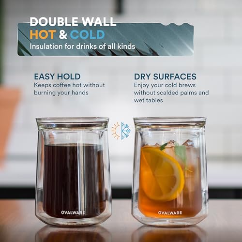 ovalware Double Wall Single Lip Insulated Glass Cup, Set of 2 (12oz / 350ml) - Borosilicate Glass For Coffee, Tea, Whiskey, Cocktails & All Beverages - Minimalistic & Durable Double-Wall Drinking Mug - size: 11.8 Ounces