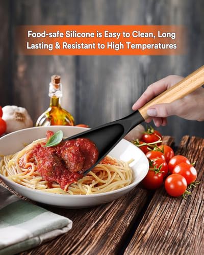 Multifunction Spoon for Nonstick Cookwares, Great for Cooking and Serving, Sturdy BPA-Free Matte Silicone, Wood Handle Spoonula for Mixing, Scoop, and Scrape, Black(2 pack,11.4" & 13.4") - color: Black
