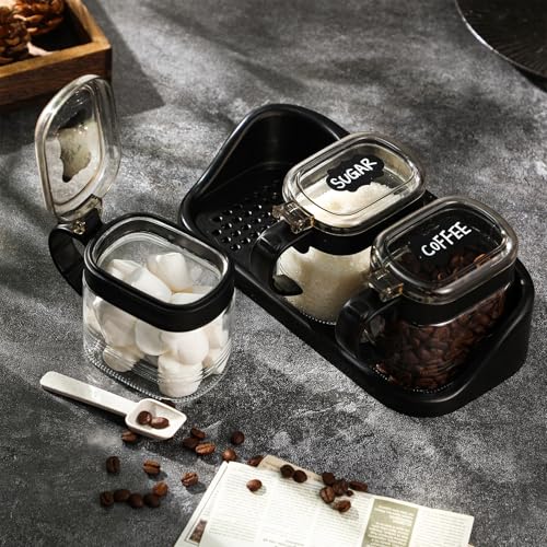 3 Pcs Sugar Coffee Container Set 16 oz Glass Condiment Jar Spice Container Coffee Station Organizer Set with Lable Stickers Scoop for Bean and Sugar Candy, Oats, Nuts (Black) - color: Black