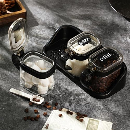 3 Pcs Sugar Coffee Container Set 16 oz Glass Condiment Jar Spice Container Coffee Station Organizer Set with Lable Stickers Scoop for Bean and Sugar Candy, Oats, Nuts (Black) - color: Black