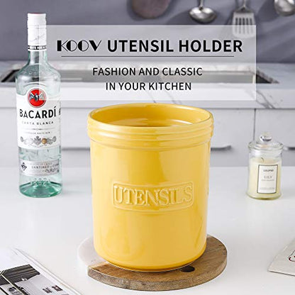KOOV Cooking Utensil Holder, Large Ceramic Utensil Crock, Deep and Stable, Utensil Caddy for Countertop Letter Series (Yellow) - color: Yellow