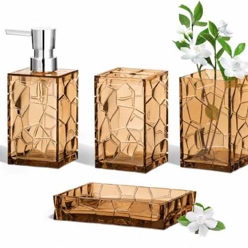HBlife Bathroom Accessories Set, Acrylic Bathroom Counter Set of 4 | Boho acrylic bathroom decor, 4-pc: holder, soap, tumbler, dish, Easy-clean & rustproofd, Ideal housewarming gift - style: Orange