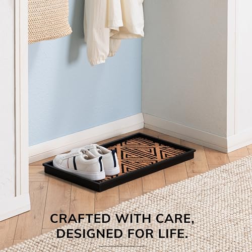 Anji Mountain Rubber Boot/Shoe Tray with Coir, Fits 2 Pair (24.5"" Wide), Tan and Black Tribal Insert (AMB0BT2F-013) - color: Tan and Black Tribal Insert, size: 24" x 14" x 1.5"