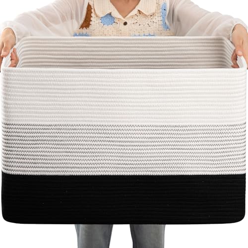 OIAHOMY Blanket Basket Laundry Basket Dog Toy Basket 108L Gradient Black | Large Storage Basket,Baby Basket,Toy Storage,Woven Rope Basket for Blankets,Blanket Storage for Living Room - color: Gradient Black, size: 25”x16”x16”