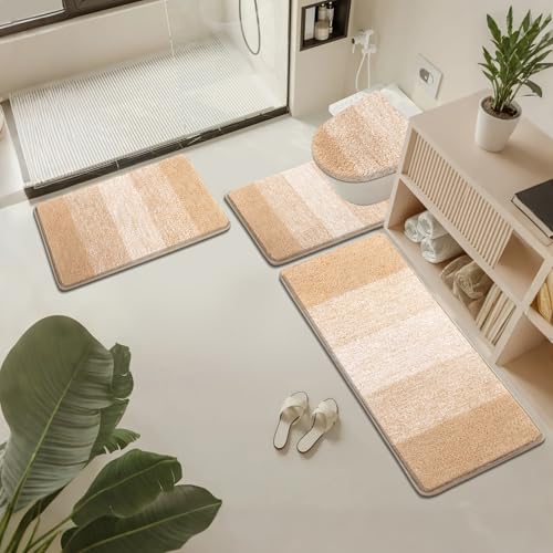 Bsmathom Bathroom Rug Set 4 Piece, Plush Microfiber Bath Mat, Beige | Extra Water Absorbent, Non Slip Washable Runner Bath Rugs with Toilet Lid Cover and U-shaped Contour Toilet Mat - color: Beige, size: 18"x26"+18"x48"+U20"x24"+Cover19"x21"
