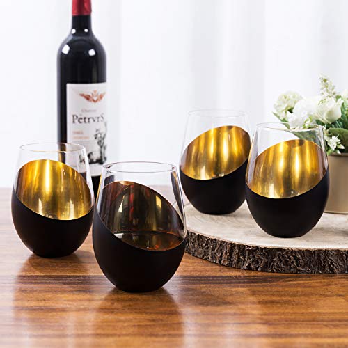 MyGift Black Wine Glasses Set of 4, Black and Gold Cups 18 oz with Metallic Angled Design, Wedding Party Home Bar Birthday Housewarming Gift - color: Black (Set of 4)