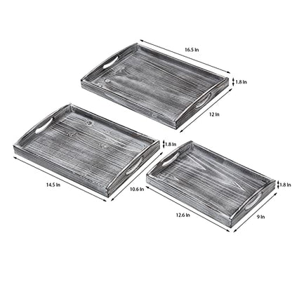 Farmhouse Rustic Wood Nesting Dinning Breakfast Serving Trays with Wood Handles, Set of 3,Can Put Food, Fruit, Plates｜Ottoman Decorative Coffee Table Tray(WhiteGrayish) - color: Whitegrayish