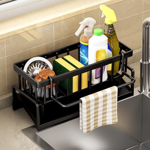 Kitchen Sink Organizer With Auto Draining Tray, Sponge Holder For Kitchen Sink Stable No-Slip Sink Caddy Sponge Holder Drain Basket With Towel Hanging Rod Kitchen Organization For Sponge Soap (Black)