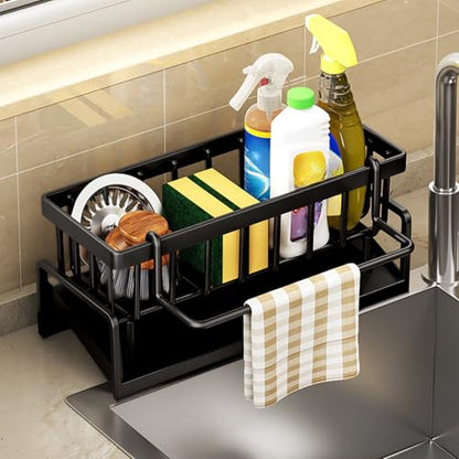 Kitchen Sink Organizer With Auto Draining Tray, Sponge Holder For Kitchen Sink Stable No-Slip Sink Caddy Sponge Holder Drain Basket With Towel Hanging Rod Kitchen Organization For Sponge Soap (Black)