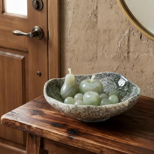 DOWAN 9.5" Wabi-Sabi Decorative Bowl, Irregular Moss Green Glazed Ceramic Catchall Bowl for Keys and Wallet, Stone Texture Centerpiece Table Bowl for Entryway, Living Room & Coffee Table Decor