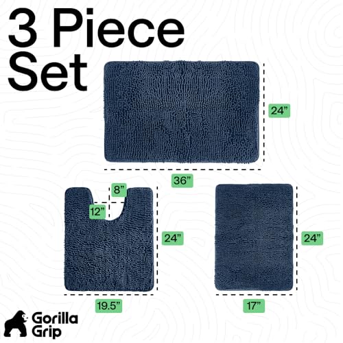 GORILLA GRIP Bathroom Rug Sets 3 Piece, Bath Mat Set and Oval Toilet Base with Rubber Backing, Plush Absorbent Shaggy Chenille Washable Mats, Includes 24x19.5, 24x17 and 36x24 Inch Rugs, Navy - color: Navy, style: 24"x19.5" + 24"x17" + 36"x24" - 3 Pack