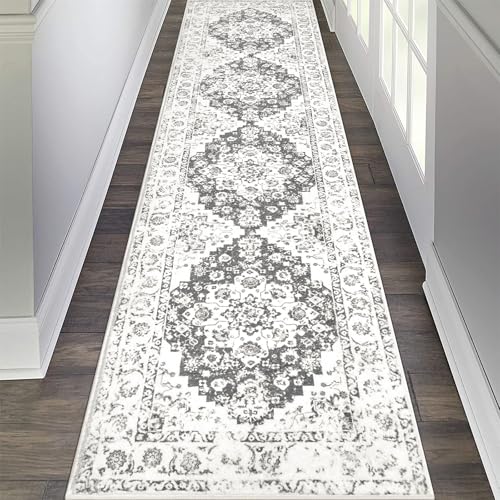 Pauwer Vintage Floral 2x8 Runner Rug, Non Slip Hallway Runner, Grey White | Machine Washable, Faux Wool, Low-Pile, Non-Shedding, Soft Distressed Floor Carpet For Entryway, Laundry, Bedroom, Kitchen - color: Grey/White, size: 2' x 8' (Runner)