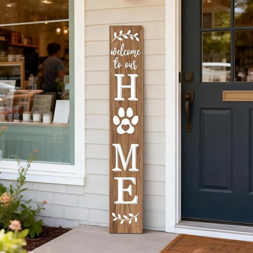 Welcome Sign for Front Door, Large 47 inch Wood Framed Welcome to Our Home Sign with Dog Paw Print Hanging Rope, Vertical Farmhouse Wooden Board Standing for Front Door Porch Patio Outdoor Decor - color: Brown dog