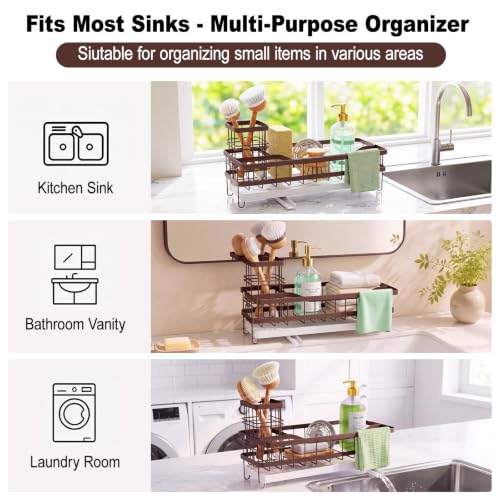 Sponge Holder for Kitchen Sink, Self-draining Sink Caddy with Towel Rack and Brush Holder, Metal Kitchen Countertop Organizers and Storage Essentials, Bronze - color: Bronze