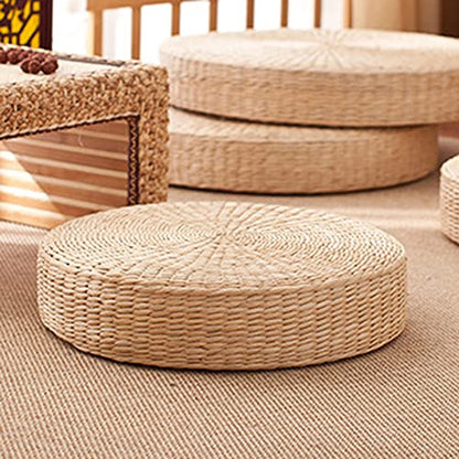 Floor Seat Cushion, 17 Inch Round Tatami Cushion Padded Sitting Cushion, Natural Straw Woven Floor Pillow Indoor Outdoor Seat Cushion, Handmade Meditation Cushion Braided Tatami Mat
