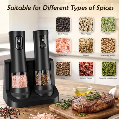 Flelano Electric Salt and Pepper Grinder Set, Automatic Refillable Salt and Pepper Shakers 2-Speed Setting with LED Light and 5 Adjustable Coarseness,Practical and Convenient Kitchen Gadgets,All-Black - color: All-Black