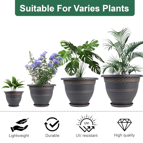 8 Inch Plaid Plant Pots 6 Pack with Drainage and Saucers Gold | Gold plaid PP pots with drainage holes and saucers for herbs succulents starter plants shelves windowsills - color: Gold, size: 8 Inches-6 packs