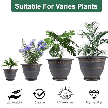 8 Inch Plaid Plant Pots 6 Pack with Drainage and Saucers Gold | Gold plaid PP pots with drainage holes and saucers for herbs succulents starter plants shelves windowsills - color: Gold, size: 8 Inches-6 packs