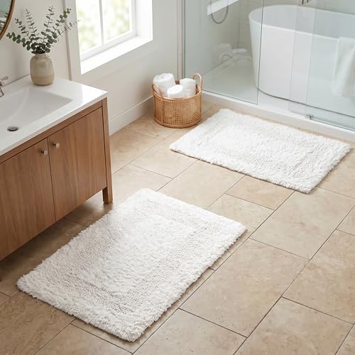 Set of 2 Reversible Bath Rug 17x24 Inch - White | Cotton Absorbent Thick Bathmat for Bathroom, Washable Toilet Small Throw Mat - color: White, size: 17 x 24 inches (Set of 2)