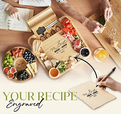 Personalized Bamboo Cheese Board and Knife Set - Custom Engraved Platter Serving Tray with Slide Out Drawer & 4 Stainless Steel Knives - Unique Gift Set for Anniversary, Wedding (Design 8) - color: Design 8