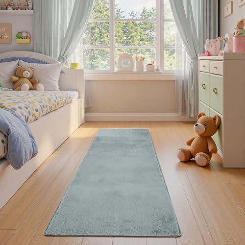 jinchan 2x6 Solid Plush Runner Rug Shaggy Washable Hallway Rug, Slate Blue | Soft, Cozy, Non-Slip, Modern, Faux Wool, Performance Rug, Floor Carpet, Entryway, Bathroom, Kitchen, Laundry Room, Bedroom - color: Solid Slate Blue, size: 2' x 6' (Rectangular)
