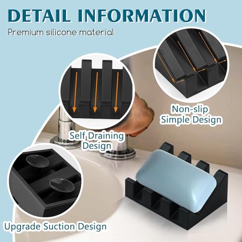 Silicone Soap Dish Self Draining with Suction Cups (Black, 1 Pack) | Waterfall drainage design drains fast to keep soap dry silicone soap saver with reusable suction cups for bathroom & kitchen - color: Black, size: 1