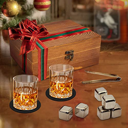 Whiskey Set Gifts for Men, DIOXADOP 6 Stainless Steel Whisky Stones 2 Crystal Whisky Glasses 1 Blessing Card in a Exquisite Wooden Box, Prepare a Gift for Whiskey Scotch Bourbon Lover - color: Stainless Steel Whisky Set