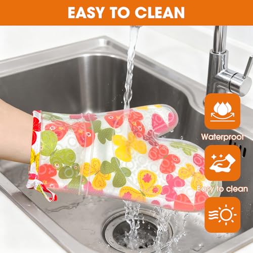 Silicone Oven Mitts Set Heat Resistant 2PCS Kitchen Mittens with Soft Cotton Lining Long Waterproof Non-Slip Oven Gloves for Cooking, BBQ, Baking-Flower - color: Flower
