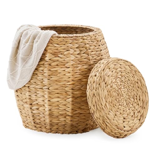 Round Wicker Basket with Lid, Handwoven Water Hyacinth Storage Basket, Blanket Organizer Basket for Laundry, Bathroom, Bedroom, Living Room, Office - color: Natural, size: 20"