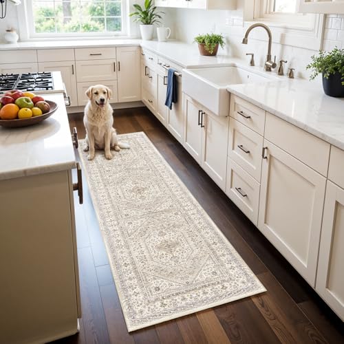 2x6 Washable Hallway Runner Rug - Non-Slip Vintage Throw Rugs Beige Gray | Low Pile Thin Small Carpet for Kitchen Soft Pet-Friendly Indoor Floor Mat for Bedroom Bathroom Laundry Home Decor - color: Beige/Gray, size: 2' x 6' (Rectangular)