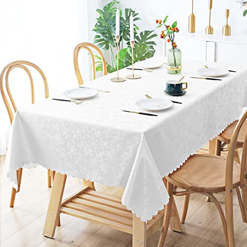 Smiry Rectangle Table Cloth, Waterproof Heavy Duty Vinyl Tablecloths, Wipeable Washable Table Cover for Kitchen and Dining Room (White, 60" X 84") | Wipeable Washable Floral Embossed Table Cover for Kitchen and Dining Room, Indoor & Outdoor Use, White - c