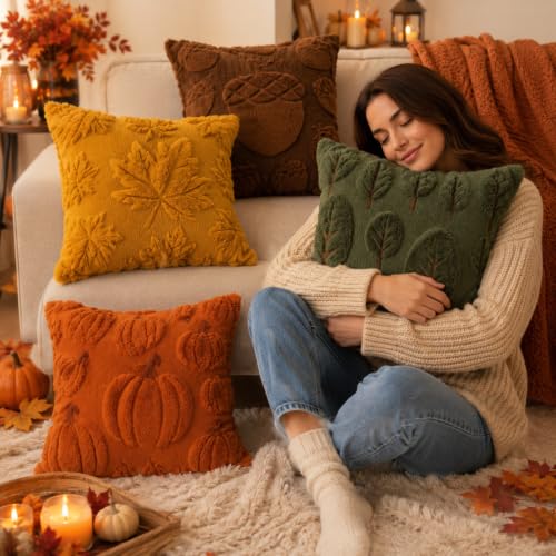 Tiamon 4 Pcs Fall Throw Pillow Covers 18 x 18 Inch Autumn Pillow Cases 3D Embroidered Pumpkin Leaf Plush Fluffy Faux Fur Cushion Covers for Thanksgiving Harvest Decoration Farmhouse Home Sofa Couch - style: Fall B
