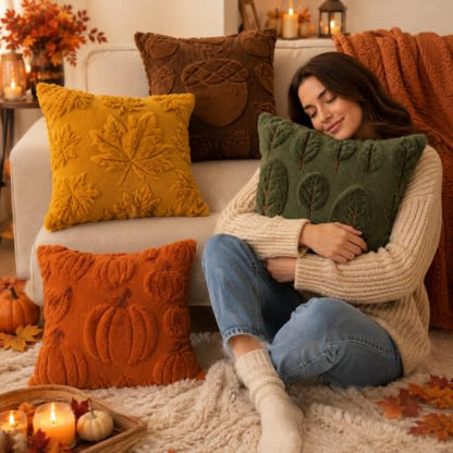 Tiamon 4 Pcs Fall Throw Pillow Covers 18 x 18 Inch Autumn Pillow Cases 3D Embroidered Pumpkin Leaf Plush Fluffy Faux Fur Cushion Covers for Thanksgiving Harvest Decoration Farmhouse Home Sofa Couch - style: Fall B