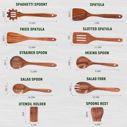 10 Pcs Teak Wooden Utensil Set, Wooden Spoons for Cooking | Non-Toxic & Nonstick Safe Kitchen Utensil, Durable Comfort Grip, Heat Resistant Wood Cookware with Holder and Spoon Rest - size: 10 Pieces Set