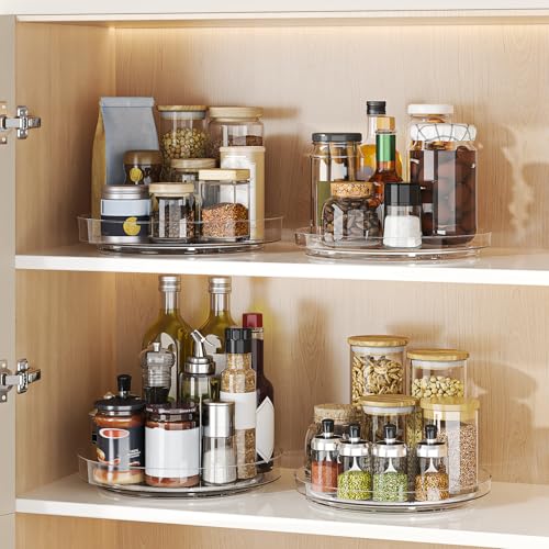 4 Pack Clear Lazy Susan, 9+10 Inch Turntable Organizer, Non-Skid Rotating Tray for Cabinet, Kitchen Pantry Organization and Storage, Acrylic Spinner for Refrigerator, Bathroom Vanity and Spice Rack - size: 9+10inch - 4 Pack