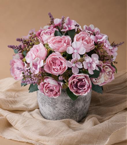 Artificial Flowers with Vase, Silk Rose Flower Arrangement with Ceramic Vase, Fake Flowers in Vase for Home Decor, Small Flower Vase for Table, Shelf, Living Room and Dining Room - color: Pink