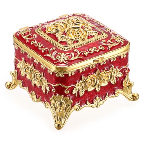 Hipiwe Vintage Metal Jewelry Box - Small Trinket Organizer Ring Box Case with Rose Pattern Jewelry Storage Box for Ring Earrings Necklace, Keepsake Box for Women,Red - color: Red, size: Small