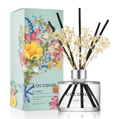 COCODOR Flower Reed Diffuser Set / 6.7oz / Clean Linen/Scent Diffuser with Sticks Home Fragrance Reed Diffuser for Bathroom Shelf Decor - size: Real Flower/6.7Ounce/1Pack