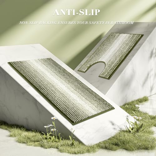 Bathroom Rugs Sets 3 Piece, Toilet Rugs U-Shaped Contour Bath Mat Set, Striped Absorbent Non Slip Chenille Shower Mat, Sage - color: Sage, size: 20"x32"+16"x24"+U Shape 20"x24"