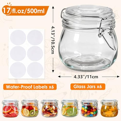 SKOCHE 17oz Glass Jars with Airtight Lids 6 Pack, Air Tight Glass Storage Jar, Leakproof 17 oz Jars with Seal Wire Clips for Pickling, Kitchen, Canning Jam, Food Storage, Preserving Nuts and Snacks - size: Large