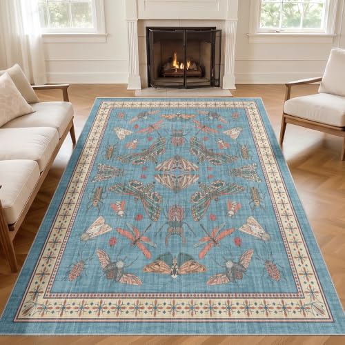 Arenarug Area Rug 5x7 Non Slip Washable Rug Insect Boho Soft Distressed Vintage Lightweight Low Pile Carpet for Living Room, Bedroom, Dining Room, Kitchen, Office, Light Blue - color: Light Blue, size: 5'x7'