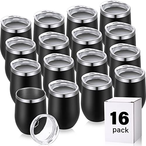 Remagr 16 Pack Stainless Steel Wine Tumblers 12 oz Insulated Vacuum Wine Cup Set Double Wall Stainless Steel Stemless Mug Glasses for Coffee Soda Whiskey Outdoor Travel (Black) - color: Black
