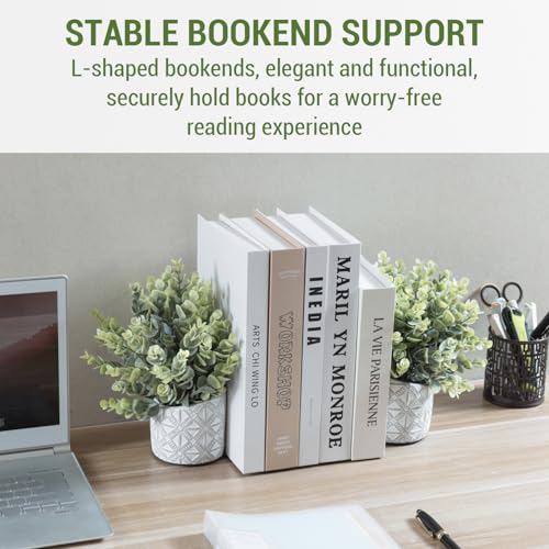 MyGift L Shaped Bookends with Faux Eucalyptus, Gray Concrete Pot, 2pc | Decorative bookends keep books upright while faux eucalyptus and an embossed planter add low-maintenance greenery to shelves - color: Artificial Eucalyptus