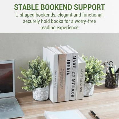 MyGift L Shaped Bookends with Faux Eucalyptus, Gray Concrete Pot, 2pc | Decorative bookends keep books upright while faux eucalyptus and an embossed planter add low-maintenance greenery to shelves - color: Artificial Eucalyptus