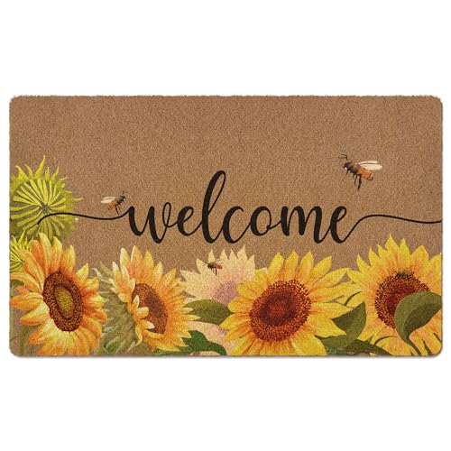 Sunflower Floral Welcome Door Mat Doormat, Summer Flower Bee Front Door Mat Indoor Outdoor Entrance, Farmhouse Flower Artificial Coir Doormats Rugs for Porch Entryway Decor 30x17in - color: Summer-1