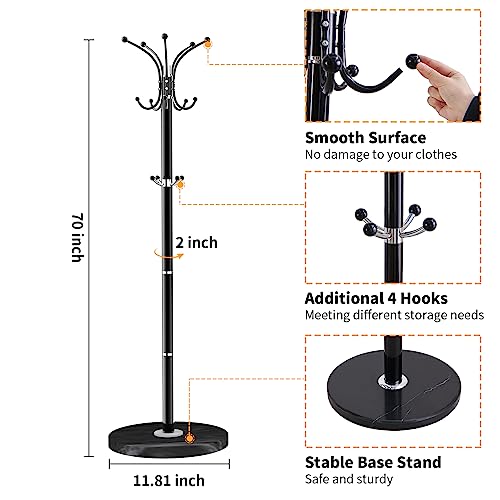 ZOZOE Metal Coat Rack Stand, Modern Coat Rack Freestanding with Natural Marble Base, 360° Rotary Design Coat Racks with 14 Hooks, Black Coat Tree Hanger Stand for Bags, Hats, Entryway, Office - color: Black 14 Hooks